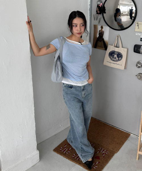 PLACE STUDIO(プレイススタジオ)の「シースルーダブルレイヤードピンタックスリムフィット半袖スリーブTシャツ_3COLOR(Tシャツ/カットソー・レディース・ブルー/ブラック/グレー・FREE)」の14枚目の写真