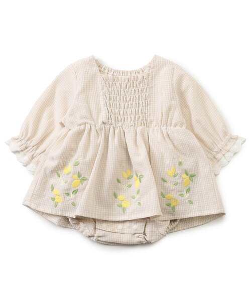 Ampersand（アンパサンド）の「フルーツ刺しゅうシャーリングデザインカバーオール（ロンパース・キッズ・イエロー/ピンク・80/70/60）」の2枚目の写真