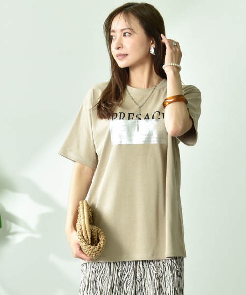 INTERPLANET(インタープラネット)の「【UV・接触冷感】箔プリント&ロゴ入りTシャツ(Tシャツ/カットソー・レディース・ライトベージュ/チャコールグレー/オフホワイト・FREE)」の14枚目の写真