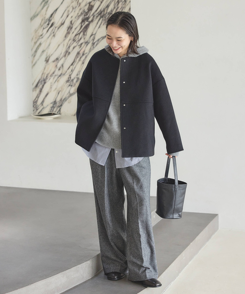 JOURNAL STANDARD（ジャーナルスタンダード）の「《追加5》スーパー140ビーバーノーカラーショートコート（ノーカラーコート・レディース・グレー/ブラック・38/36）」の3枚目の写真