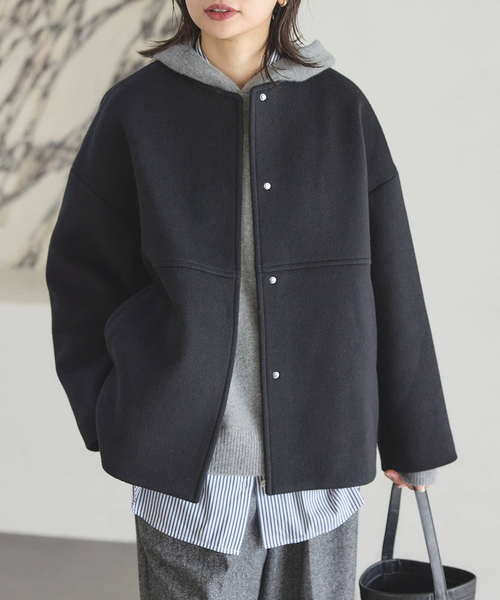 JOURNAL STANDARD（ジャーナルスタンダード）の「《追加5》スーパー140ビーバーノーカラーショートコート（ノーカラーコート・レディース・グレー/ブラック・38/36）」の11枚目の写真