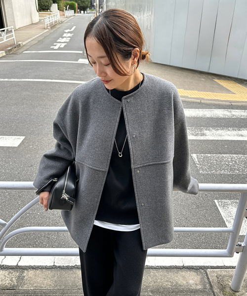 JOURNAL STANDARD（ジャーナルスタンダード）の「《追加5》スーパー140ビーバーノーカラーショートコート（ノーカラーコート・レディース・グレー/ブラック・38/36）」の16枚目の写真