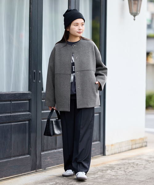 JOURNAL STANDARD（ジャーナルスタンダード）の「《追加5》スーパー140ビーバーノーカラーショートコート（ノーカラーコート・レディース・グレー/ブラック・38/36）」の19枚目の写真