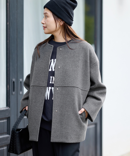 JOURNAL STANDARD（ジャーナルスタンダード）の「《追加5》スーパー140ビーバーノーカラーショートコート（ノーカラーコート・レディース・グレー/ブラック・38/36）」の21枚目の写真