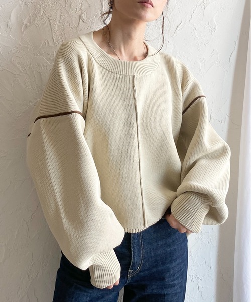 She's Closet(シーズクローゼット)の「配色ボリューム袖ドルマンスリーブオーバーサイズニットプルオーバー(ニット/セーター・レディース・ブラック/アイボリー・FREE)」の1枚目の写真