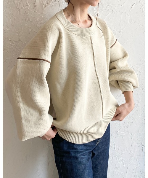 She's Closet(シーズクローゼット)の「配色ボリューム袖ドルマンスリーブオーバーサイズニットプルオーバー(ニット/セーター・レディース・ブラック/アイボリー・FREE)」の4枚目の写真