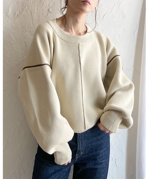 She's Closet(シーズクローゼット)の「配色ボリューム袖ドルマンスリーブオーバーサイズニットプルオーバー(ニット/セーター・レディース・ブラック/アイボリー・FREE)」の3枚目の写真