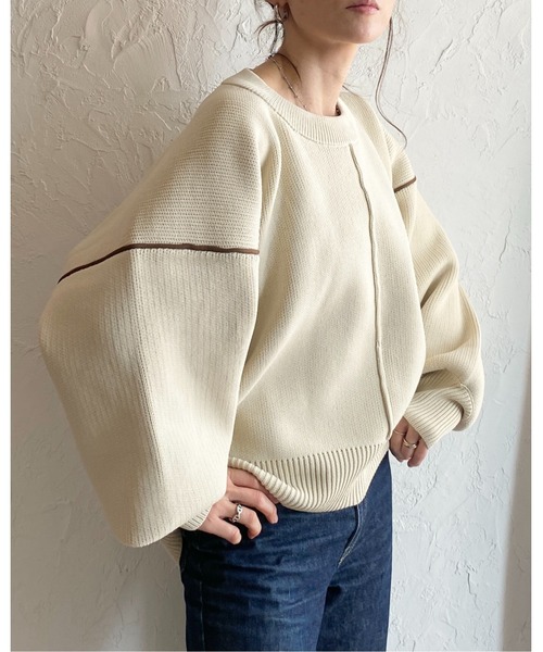 She's Closet(シーズクローゼット)の「配色ボリューム袖ドルマンスリーブオーバーサイズニットプルオーバー(ニット/セーター・レディース・ブラック/アイボリー・FREE)」の5枚目の写真