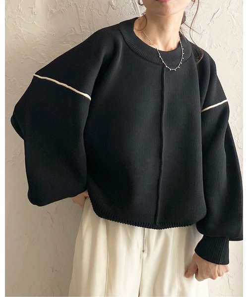 She's Closet(シーズクローゼット)の「配色ボリューム袖ドルマンスリーブオーバーサイズニットプルオーバー(ニット/セーター・レディース・ブラック/アイボリー・FREE)」の7枚目の写真