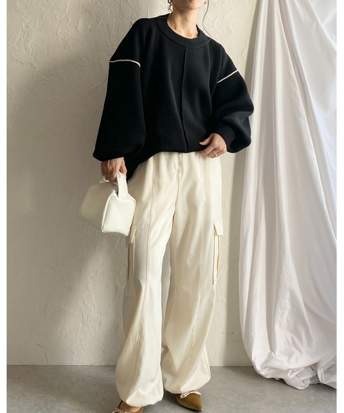 She's Closet(シーズクローゼット)の「配色ボリューム袖ドルマンスリーブオーバーサイズニットプルオーバー(ニット/セーター・レディース・ブラック/アイボリー・FREE)」の11枚目の写真