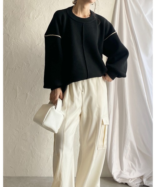 She's Closet(シーズクローゼット)の「配色ボリューム袖ドルマンスリーブオーバーサイズニットプルオーバー(ニット/セーター・レディース・ブラック/アイボリー・FREE)」の12枚目の写真