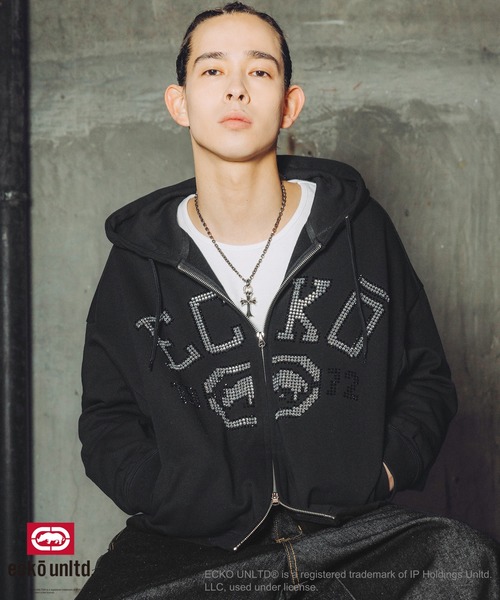 ecko unltd.(エコーアンリミテッド)の「ECKO UNLTD./別注ダブルジップラインストーンZIPパーカー(パーカー・メンズ・ブラック/アッシュ・S/M/L/XL)」の11枚目の写真
