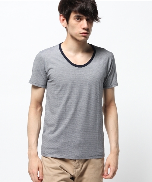 NANO universe（ナノユニバース）の「:デオ加工ボーダーUネック S/S（Tシャツ/カットソー・メンズ・ホワイト/レッド/サックスブルー/ブラック/ネイビー・X-LARGE/SMALL/LARGE/MEDIUM）」の4枚目の写真