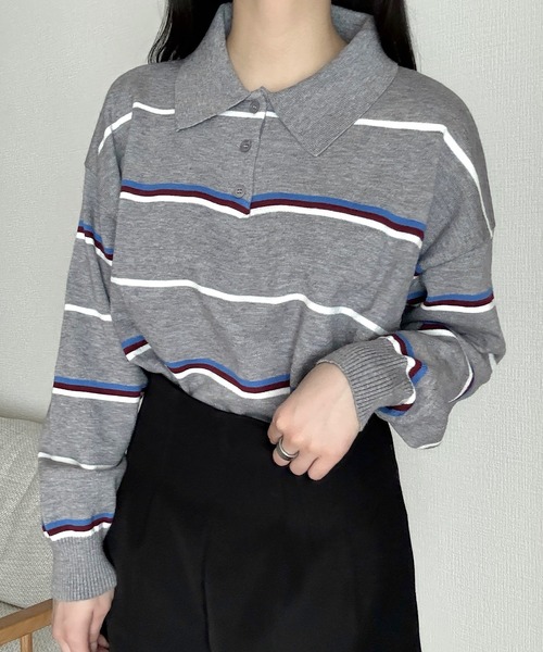 Cham.(チャム)の「マルチボーダーニットポロ(ニット/セーター・レディース・グレー/ブラウン/ネイビー・F)」の12枚目の写真