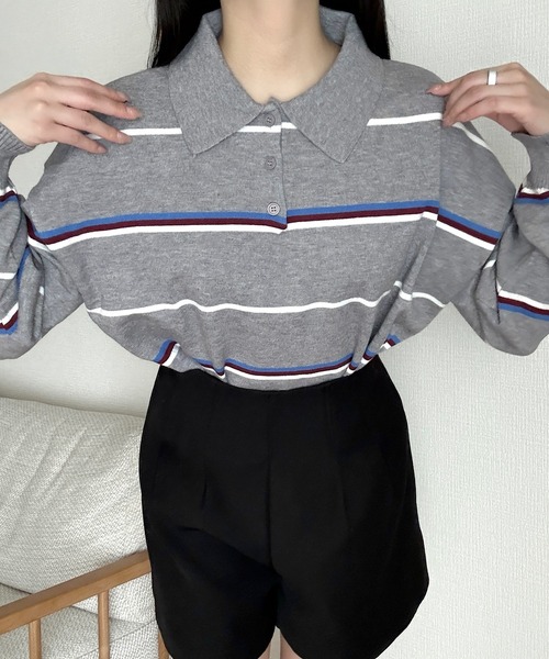 Cham.(チャム)の「マルチボーダーニットポロ(ニット/セーター・レディース・グレー/ブラウン/ネイビー・F)」の14枚目の写真