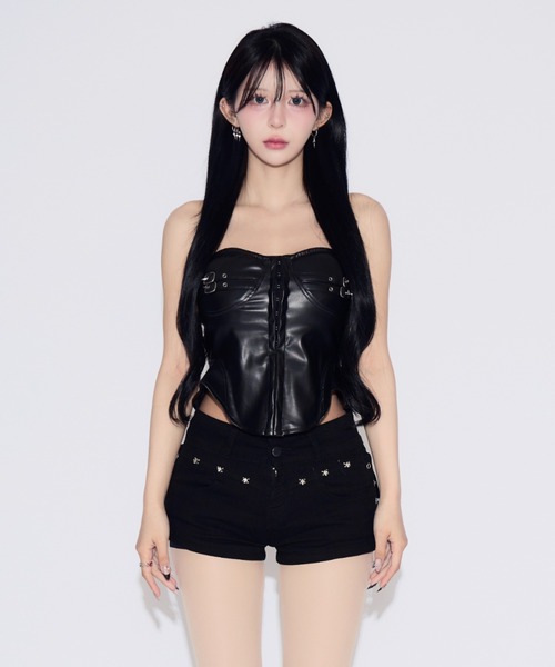 rib tubtops チューブトップ　melt the lady black Belted Faux Leather Tube Top / ベルト付きフェイクレザーチューブ