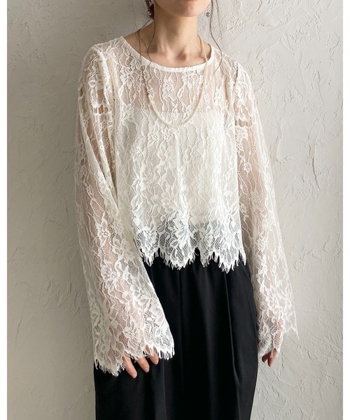 She's Closet(シーズクローゼット)の「長袖 シースルー/シアー スカラップレースブラウス 花柄トップス(シャツ/ブラウス・レディース・ブラック/アイボリー・FREE)」の6枚目の写真
