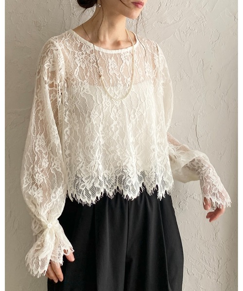 She's Closet(シーズクローゼット)の「長袖 シースルー/シアー スカラップレースブラウス 花柄トップス(シャツ/ブラウス・レディース・ブラック/アイボリー・FREE)」の7枚目の写真