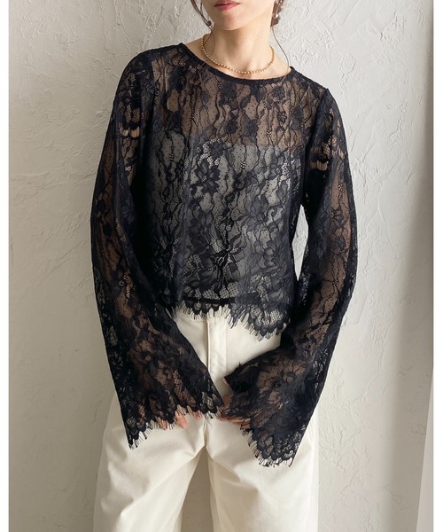 She's Closet(シーズクローゼット)の「長袖 シースルー/シアー スカラップレースブラウス 花柄トップス(シャツ/ブラウス・レディース・ブラック/アイボリー・FREE)」の8枚目の写真