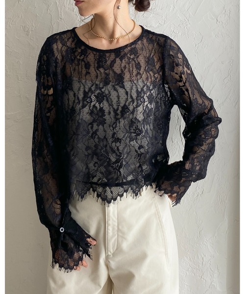 She's Closet(シーズクローゼット)の「長袖 シースルー/シアー スカラップレースブラウス 花柄トップス(シャツ/ブラウス・レディース・ブラック/アイボリー・FREE)」の9枚目の写真