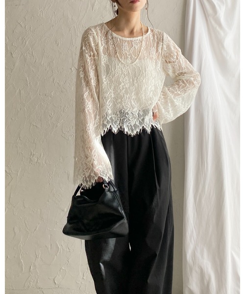 ヴィンテージ レース ヴィンテージ ブラウス 花柄 スカラップ She's Closet ブラウス シャツ 長袖 シースルー/シアー スカラップ