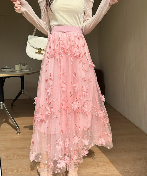 AMAJI（アマジ）の「刺繍チュールロングスカート（スカート・レディース・ネイビー/ホワイト/ピンク/ブルー/ブラック・FREE）」の5枚目の写真