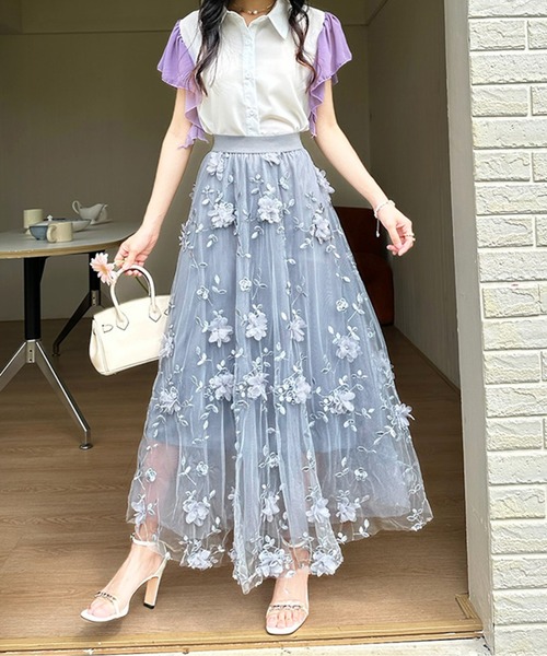 AMAJI（アマジ）の「刺繍チュールロングスカート（スカート・レディース・ネイビー/ホワイト/ピンク/ブルー/ブラック・FREE）」の4枚目の写真