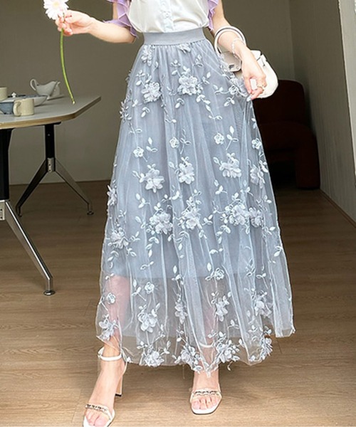 AMAJI（アマジ）の「刺繍チュールロングスカート（スカート・レディース・ネイビー/ホワイト/ピンク/ブルー/ブラック・FREE）」の6枚目の写真