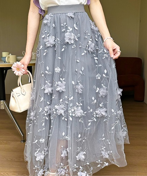 AMAJI（アマジ）の「刺繍チュールロングスカート（スカート・レディース・ネイビー/ホワイト/ピンク/ブルー/ブラック・FREE）」の7枚目の写真