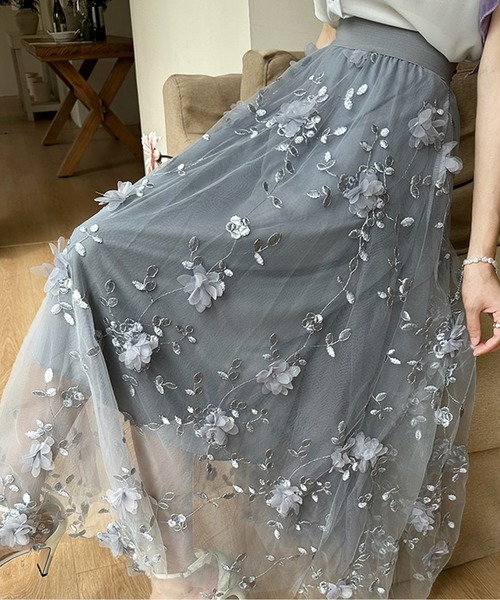 AMAJI（アマジ）の「刺繍チュールロングスカート（スカート・レディース・ネイビー/ホワイト/ピンク/ブルー/ブラック・FREE）」の8枚目の写真