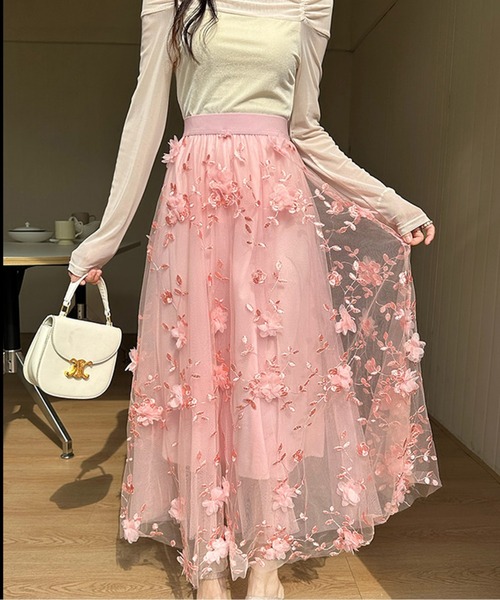 AMAJI（アマジ）の「刺繍チュールロングスカート（スカート・レディース・ネイビー/ホワイト/ピンク/ブルー/ブラック・FREE）」の10枚目の写真