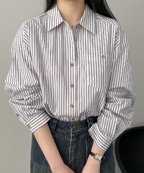 semplice(センプリチェ)の「ストライプ柄 オーバーサイズ シャツ(シャツ/ブラウス・レディース・ブルー/ホワイト・F)」の1枚目の写真