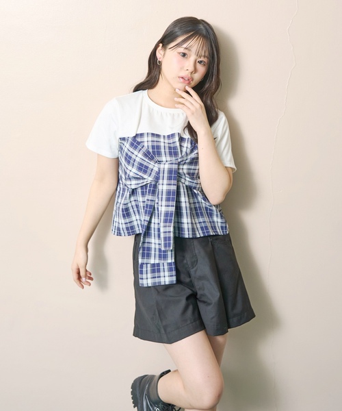 セール】サマ見えベアスリーブチェックドッキング半袖T（Tシャツ