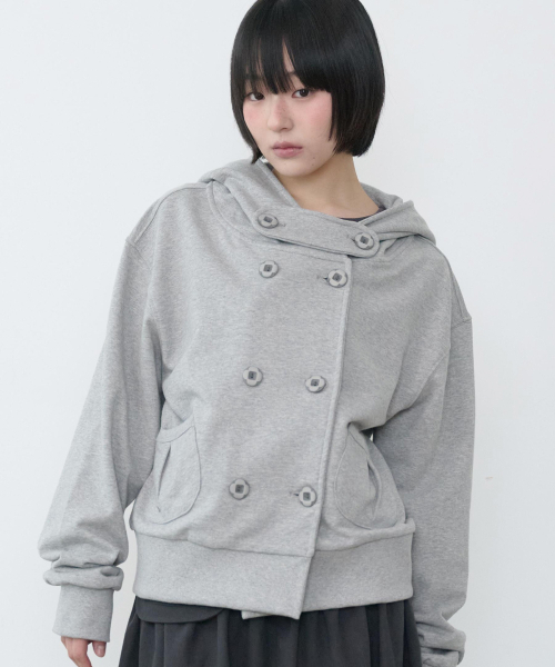 Doubleボタン フードジャケット [grey] — двубортная куртка‑худи (серый)