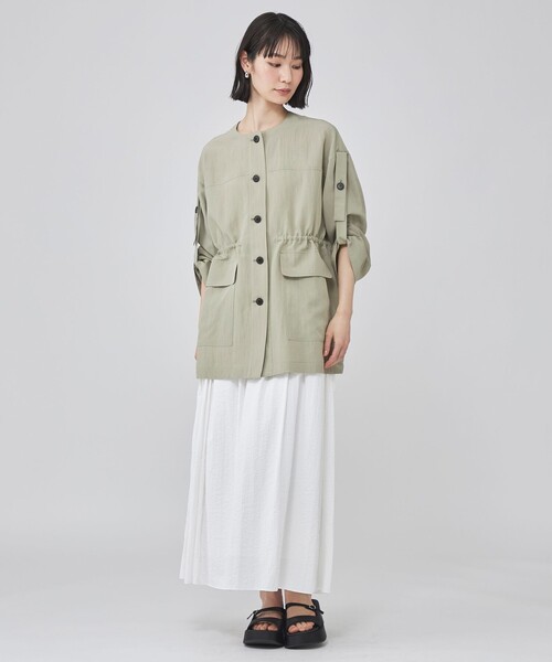 CAST:（キャストコロン）の「ロールアップシャツジャケット（ノーカラージャケット・レディース・オフホワイト/グレー系その他2/グリーン系その他7・M）」の12枚目の写真