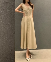 韓国風 フレンチVネック ドローストリング フロントボタン ノースリーブワンピース