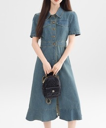 デニムシャツワンピース 襟付き フロントボタン ミモレ丈