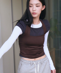 WOOALONG | Active shirring halter neck sleeveless -BROWN(Tシャツ/カットソー)