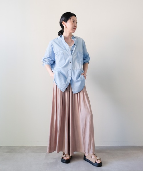DOLLUPOOPS(ドールアップウップス)の「Denim Stripe Relaxed Shirt(デニムストライプ切替シャツ)(シャツ/ブラウス・レディース・ライトブルー・FREE)」の8枚目の写真