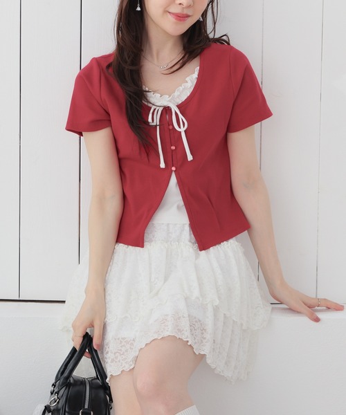 Honeys（ハニーズ）の「【ＵＶカット】レイヤード風トップス（Tシャツ/カットソー・レディース・ブラウン/ブルー/ブラック/レッド/グレー・L/M/S）」の5枚目の写真