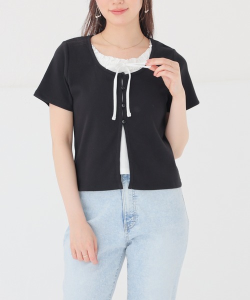 Honeys（ハニーズ）の「【ＵＶカット】レイヤード風トップス（Tシャツ/カットソー・レディース・ブラウン/ブルー/ブラック/レッド/グレー・L/M/S）」の2枚目の写真