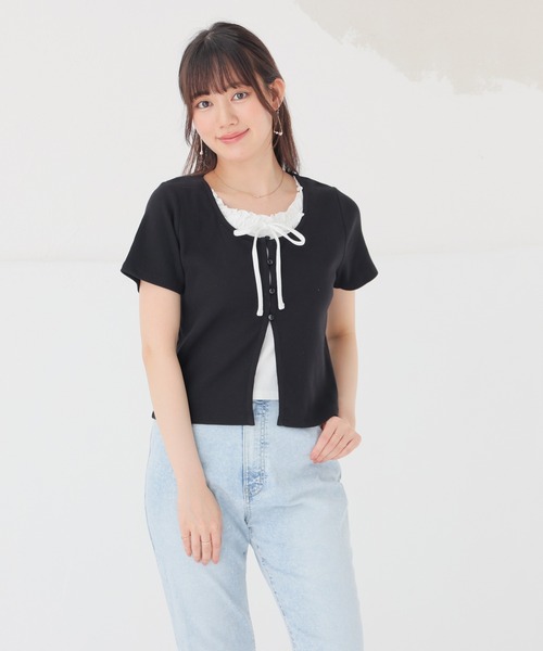 Honeys（ハニーズ）の「【ＵＶカット】レイヤード風トップス（Tシャツ/カットソー・レディース・ブラウン/ブルー/ブラック/レッド/グレー・L/M/S）」の9枚目の写真