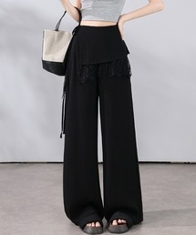 レイヤード風 レース切替 リネン混 デニムパンツ