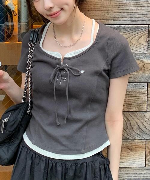 Sculptor レイヤード風 半袖カットソー トップス セール】◇レースアップレイヤード風半袖カットソー（Tシャツ