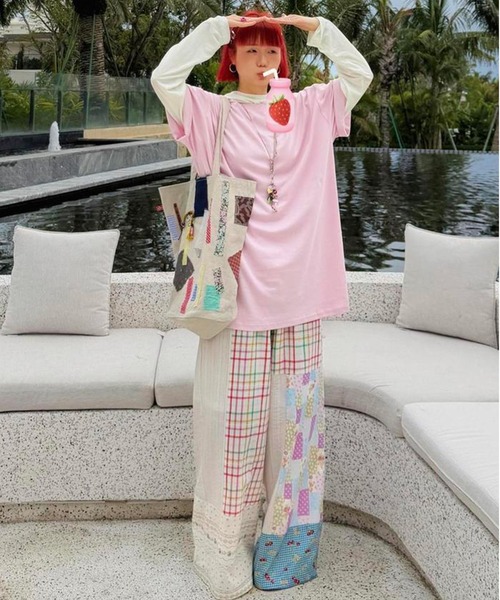 AsheKsha（アシクシャ）の「パッチワーク・小花柄・チェック柄のワイドパンツ（その他パンツ・レディース・ピンク・F）」の4枚目の写真