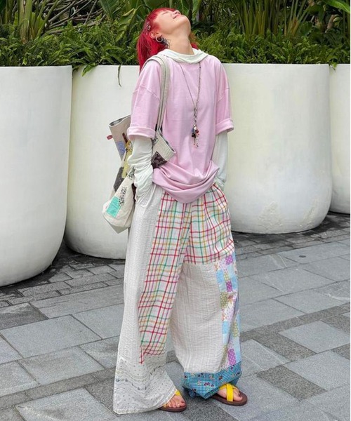 AsheKsha（アシクシャ）の「パッチワーク・小花柄・チェック柄のワイドパンツ（その他パンツ・レディース・ピンク・F）」の5枚目の写真