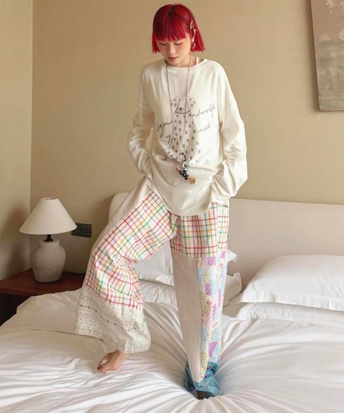 AsheKsha（アシクシャ）の「パッチワーク・小花柄・チェック柄のワイドパンツ（その他パンツ・レディース・ピンク・F）」の8枚目の写真