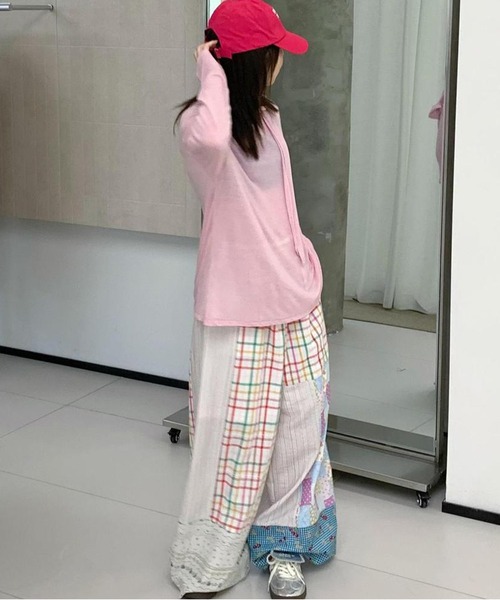 AsheKsha（アシクシャ）の「パッチワーク・小花柄・チェック柄のワイドパンツ（その他パンツ・レディース・ピンク・F）」の13枚目の写真
