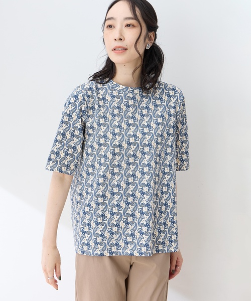 DECOY SINCE 1981(デコイシンスイチキュウハチイチ)の「【ひやさらコットン】バックタックペイズリープリント5分袖Tシャツ【綿100%・接触冷感・UVカット】(Tシャツ/カットソー・レディース・ブラウン/ネイビー・L/LL/M)」の6枚目の写真