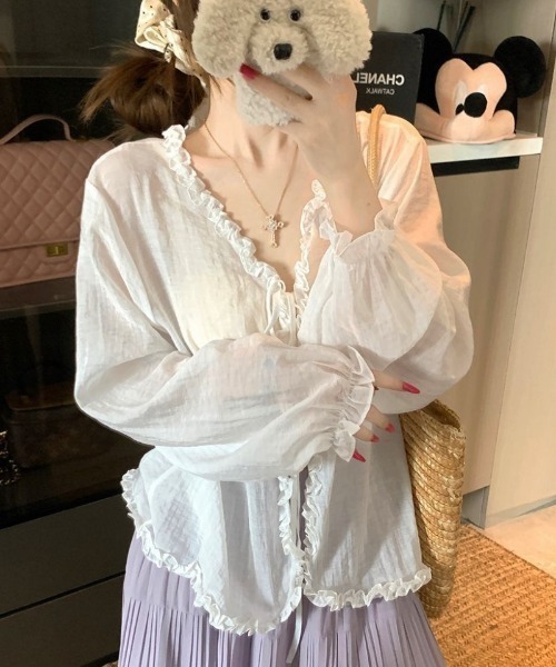 Ritzy(リッツィー)の「フリルリボンシアーシャツ羽織り(カーディガン/ボレロ・レディース・ホワイト/ブルー/ラベンダー・M/L)」の7枚目の写真